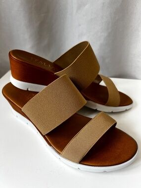 Italian Shoemakers Sz 8 Tan Made In Italy Samba Double Band Wedge Slide Sandals